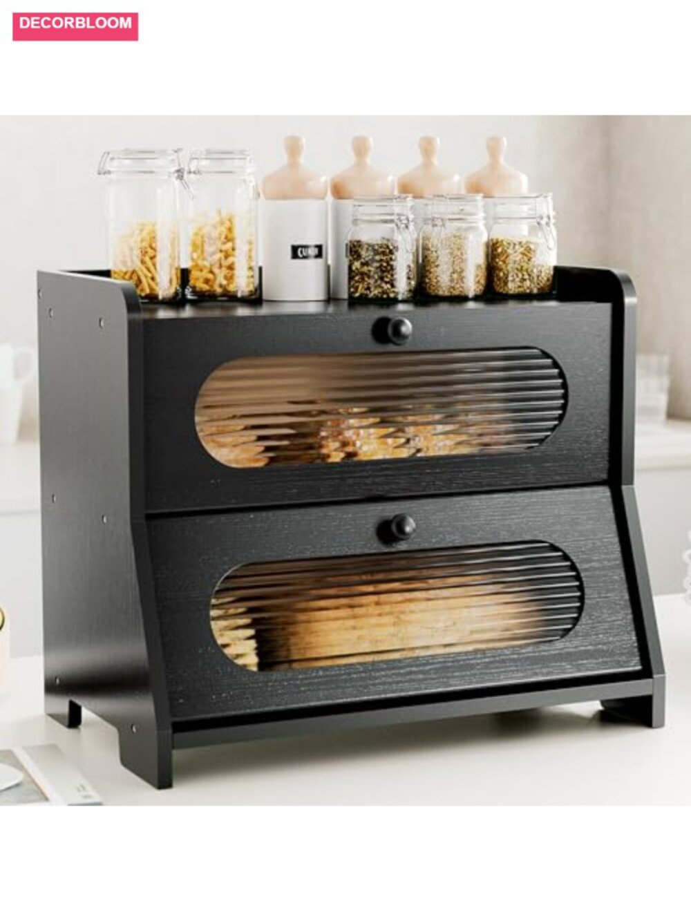 Extra Large 2-Tier Bamboo Bread Box, Magnetic Acrylic Door, Kitchen Countertop